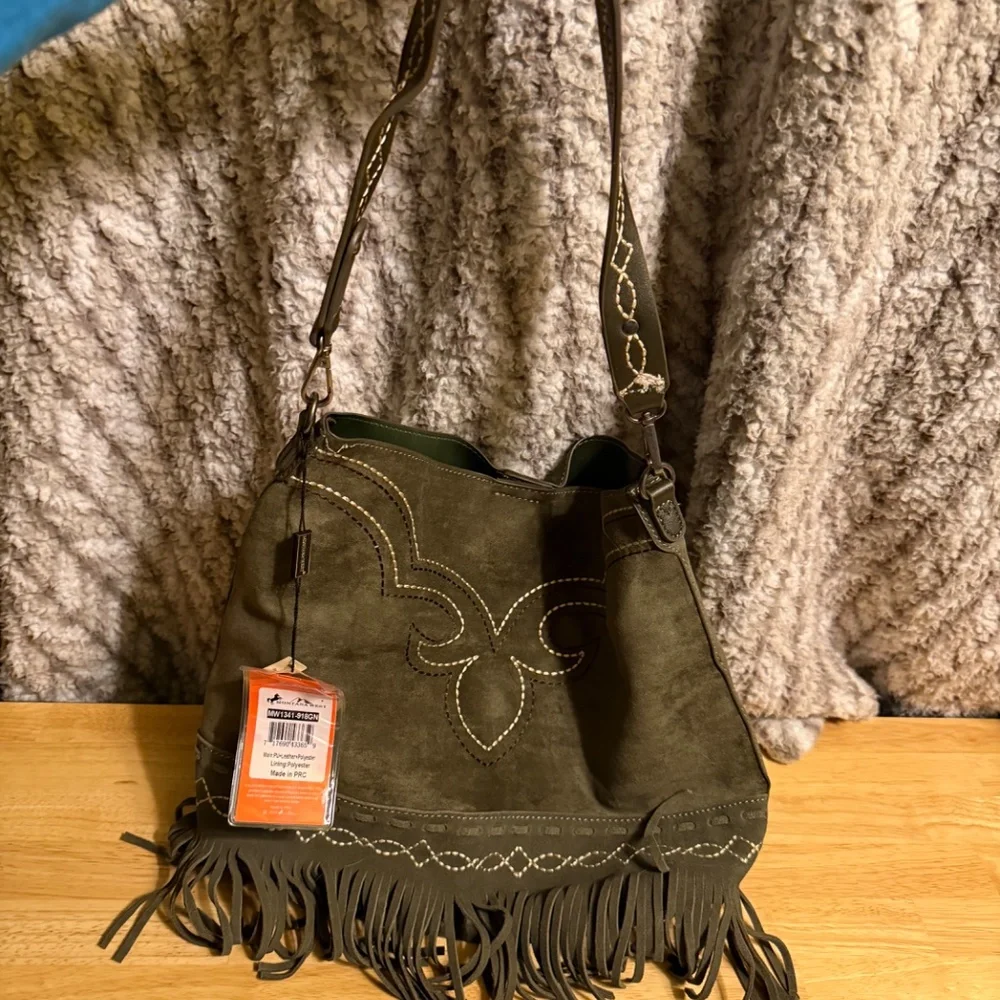Fringe Suede Shoulder Bag in Olive Green